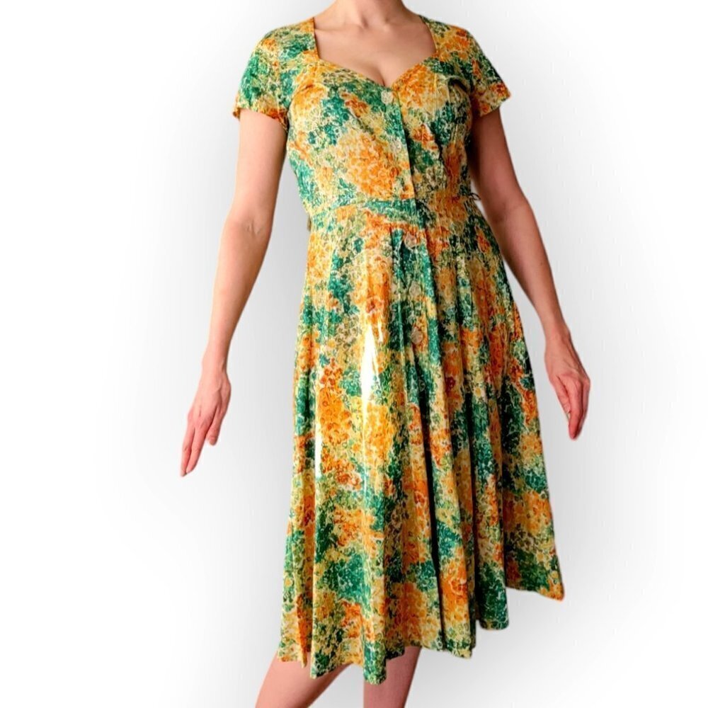 Vintage 1960s 1970s Floral Dress Green Orange Yellow Mad Men S/M Retro Outfit - Picture 15 of 15